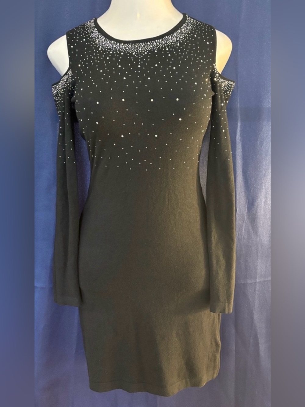 Bebe Black Cold-Shoulder Long Sleeve Rhinestone Dress NEW